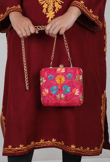 Pink velvety box clutch
